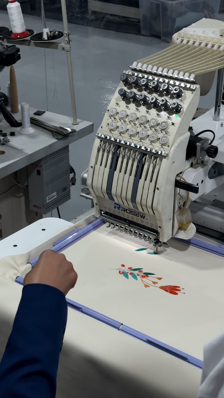 Multi-head embroidery machine stitching a panel during the record attempt